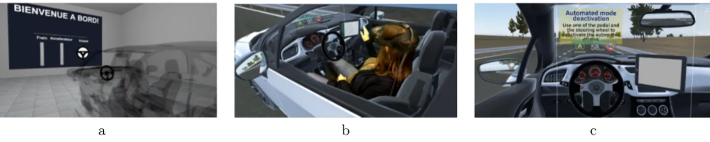 Figure 3: The Virtual Learning Environment. In (a) the familiarization environment. The car is displayed with a transparent effect and the panel on the front wall shows the indicators for the accelerator and brake pedal and for the steering wheel