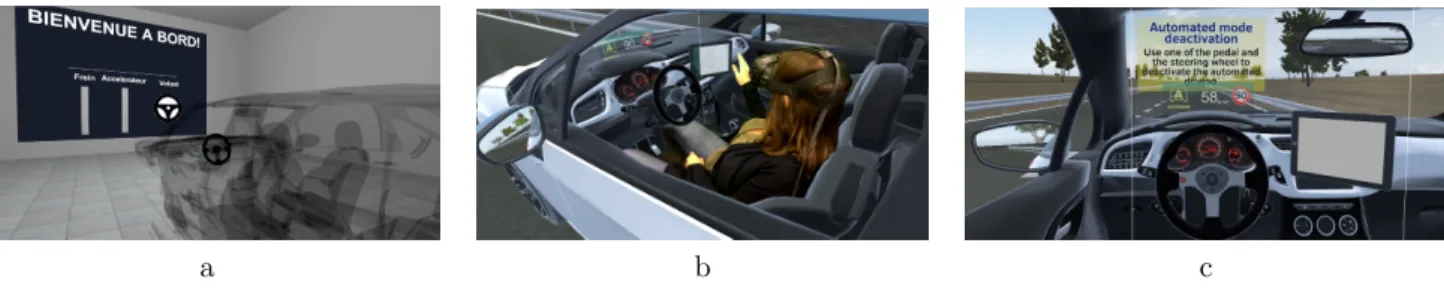 Figure 3: The Virtual Learning Environment. In (a) the familiarization environment. The car is displayed with a transparent effect and the panel on the front wall shows the indicators for the accelerator and brake pedal and for the steering wheel