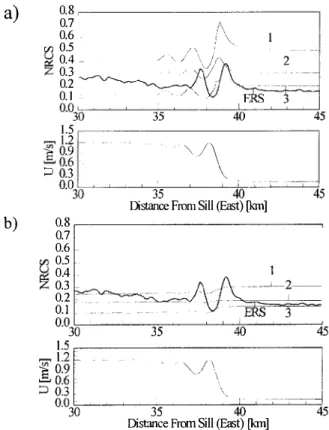 Fig.  6:  Simulated  surface  current  (bottom)  and  radar  signatures  for a  scenario  corresponding  to  an  existing  ERS  2  SAR  image  of  internal  waves near the Strait  of Gibraltar