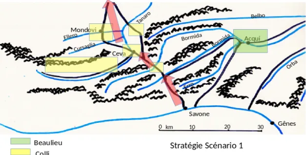Figure 1 : une anticipation sous forme de scénario de la trajectoire de l'armée de  Napoléon et des positions des troupes de Beaulieu et Colli