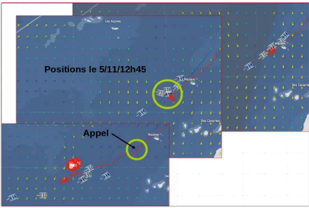 Figure 3 : Positions avant, pendant et après l'événement inconnu et trajectoires des  bateaux