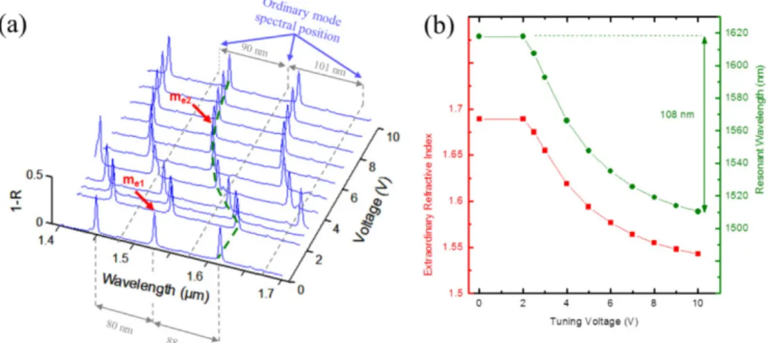 Fig. 2. (a) Evolution of reflectivity spectra (plotted as 1-R for improved clarity) measured by  localized FTIR spectroscopy on a PD area for different AC voltages (2 kHz) varying from 0 to  10V in amplitude