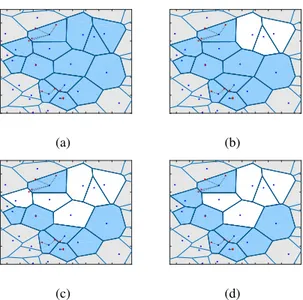 Fig. 7: Evolution of the cluster of a given group along some iterations of DCA. The cluster serving the group is formed by the blue cells, while the white cells are interfering