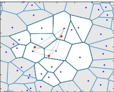 Fig. 1: The MBSFN synchronization area is made of the white cells (set V ). Red stars represent UEs of a group