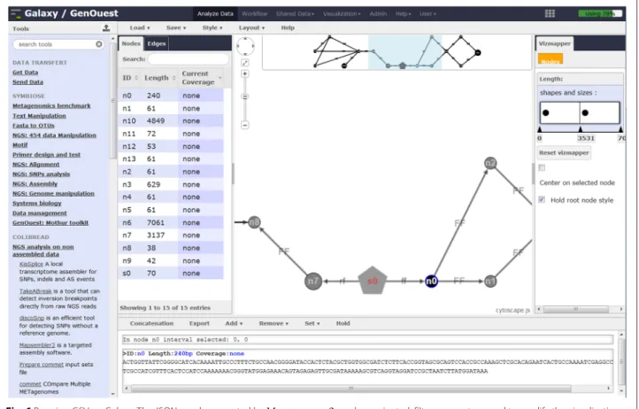 Fig. 6 Running GSV on Galaxy. The JSON graph generated by M APSEMBLER 2 can be navigated, filter parameters used to modify the visualization aspect, and results exported