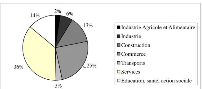 Figure 2 : Répartition des entreprises françaises de moins de 10 salariés selon le secteur  d’activité au 01/01/2004 : 