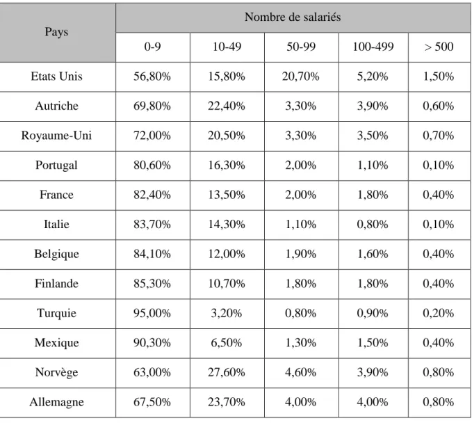 Tableau  3 :  Répartition  des  entreprises  selon  le  nombre  de  salariés 20   dans  les  pays  de  l’OCDE en 1999  Pays  Nombre de salariés  0-9  10-49  50-99  100-499  &gt; 500  Etats Unis  56,80%  15,80%  20,70%  5,20%  1,50%  Autriche  69,80%  22,40