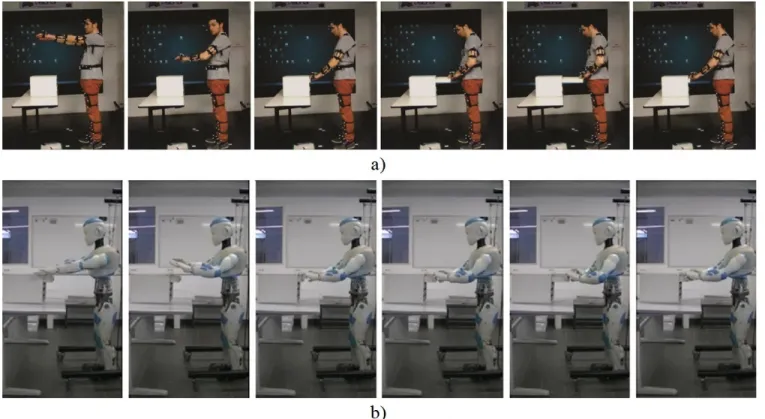 Fig 10. Snapshot of the “open/close drawer” motion performed by: (a) the actor; (b) and the robot  ROMEO
