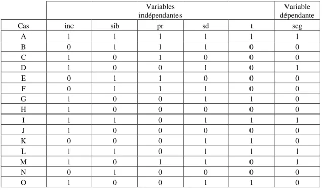 Tableau 2 : Les données brutes de l’analyse comparative        Variables  indépendantes       Variable  dépendante  Cas inc  sib  pr  sd  t  scg 