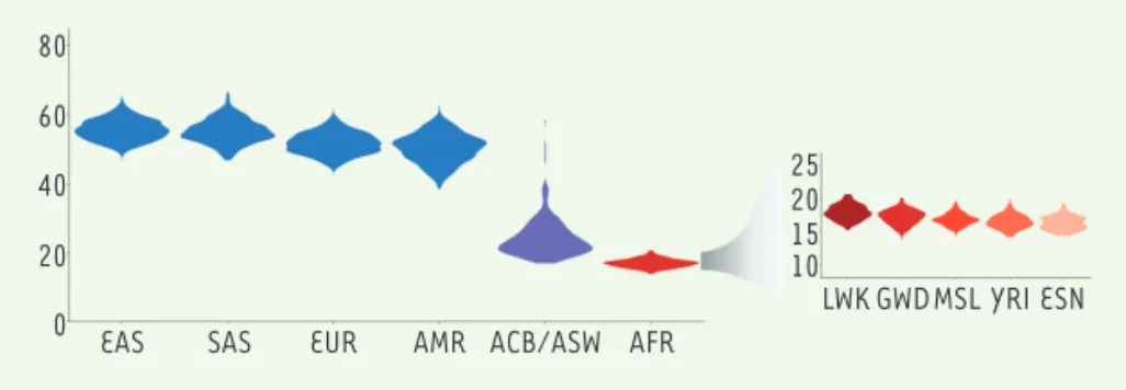 Figure 1.  ADN de l’homme de Néandertal dans différentes populations (échelle verticale, en  mégabases par individu)