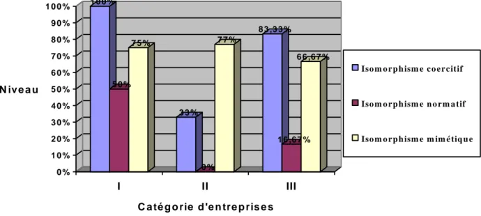 Graphique 3 : Isomorphisme institutionnel par catégorie d’entreprises  1 0 0 % 5 0 % 7 5 % 3 3 % 0 % 7 7 % 8 3 ,3 3 % 1 6 ,6 7 % 6 6 ,6 7 % 0 %1 0 %2 0 %3 0 %4 0 %5 0 %6 0 %7 0 %8 0 %9 0 %1 0 0 %N iv e a u I II III