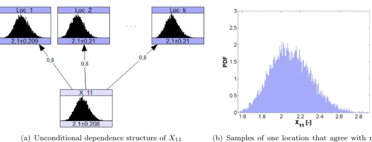 Figure 6. Typical dependence structure for one monitored location together with k other non monitored locations (a) and one empirical probability density function of ne location complying with monitoring (b)