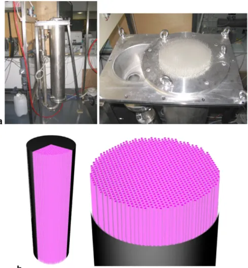 Fig. 13. (a) Prototype of volumetrically lightened photobioreactor DiCoFluV (Dilution Controˆle´e du Flux en Volume) (Cornet, 2010)