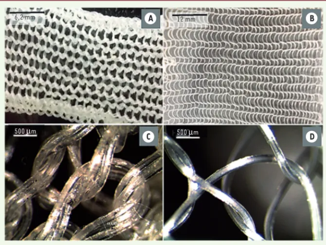 Figure 3. Illustrations en microscopie  optique des tricots obtenus à partir de  multifilaments (A, C) et à partir de  mono-filaments (B, D) de copolymère dégradable.