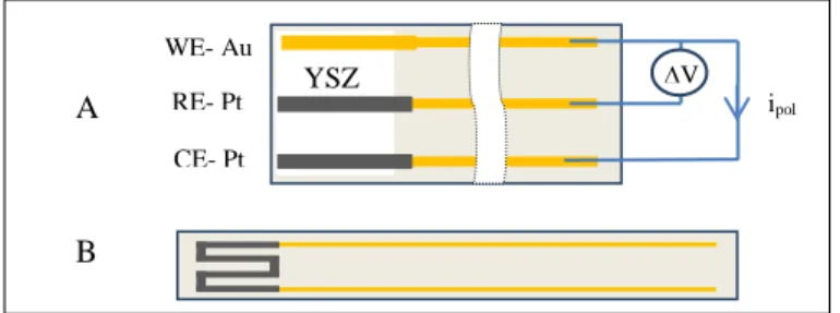 Fig. 1. Schematic representation of sensing (A) and heating (B) sides of YSZ planar sensor 