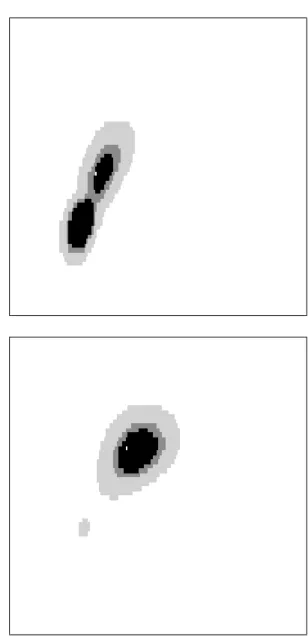 Figure 2 – R´ egions de confiance (projet´ ees sur les deux premi` eres coordonn´ ees) ` a deux instants t diff´ erents