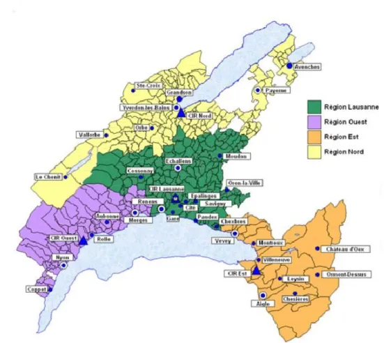 Figure 4 Carte de répartition des compétences de la police cantonale vaudoise 47 Les  policiers  cantonaux  doivent  également  patrouiller  sur  plusieurs  communes  et  remplir les obligations incluses dans les contrats de prestations