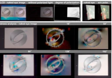 Figure 11: Polarization imaging (top row): the logo on the left is shown on the screen, whereas the logo on the right is printed on paper