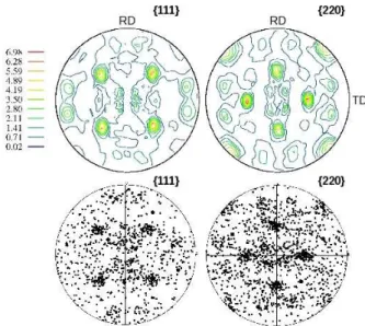 Fig. 3. On the top, texture measured by X-Ray diffraction on a sheet of hot rolled copper OFHC