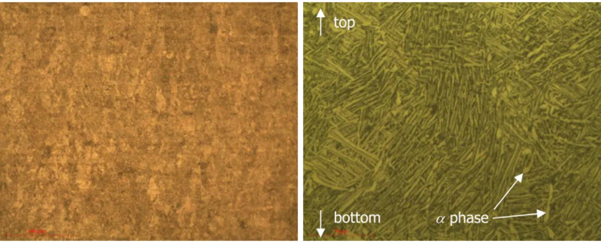 Figure 8. Microstructure along the height of the Ti-6Al-4V sample after HIP at low  (left) and high (right) magnification 