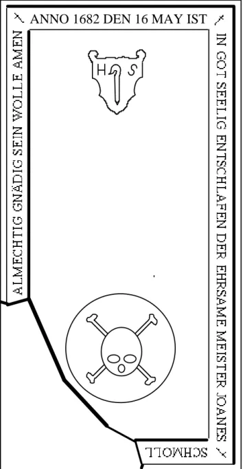 Fig. 1 - Reconstitution schématique de la stèle funéraire de Joannes Schmoll  à Hirtzfelden (†1682), d’après les indications de Th