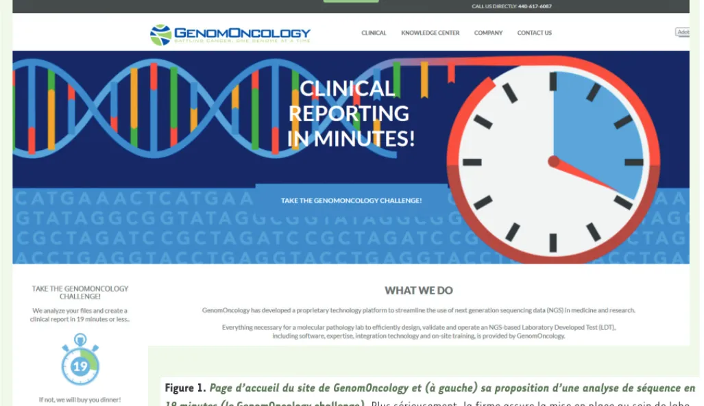 Figure 1. Page d’accueil du site de GenomOncology et (à gauche) sa proposition d’une analyse de séquence en  19 minutes (le GenomOncology challenge)