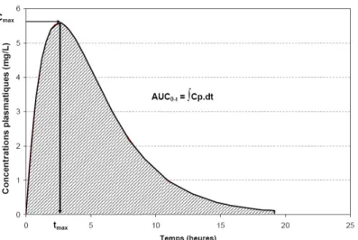 Figure 3. 1. Représentation schématique des paramètres  pharmacocinétiques déterminés par la méthode d'analyse  non-compartimentale 