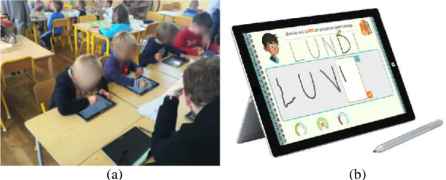 Figure 1: First in-class experiment of the IntuiScript project (a) with tablet tactile devices (b) example of writing  the word ‘Lundi’ (e.g., ‘Monday’)