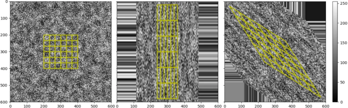 Figure 7. Images and mesh used for the large strain example: (left) reference image and initial mesh