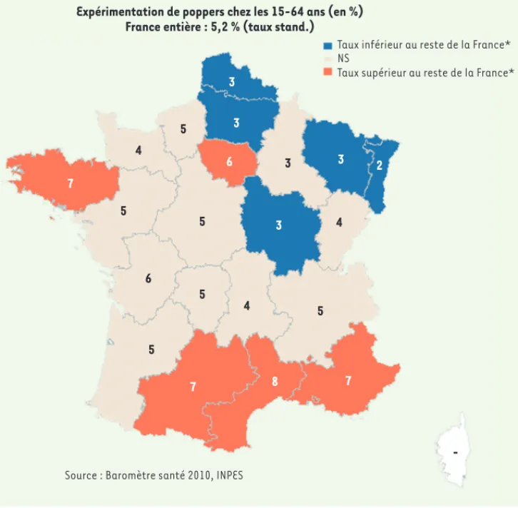 Figure 2. Carte de répartition des expérimentations au sein des régions françaises. *Différences signifi- signifi-catives pour la comparaison des taux standardisés (stand.) utilisant la loi normale