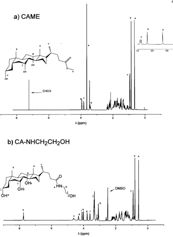 Figure  3.3.  IH  NMR spectra of a)  CAME in CDCh  and b)  CA-NHCH2CH20H  in  DMSO. 