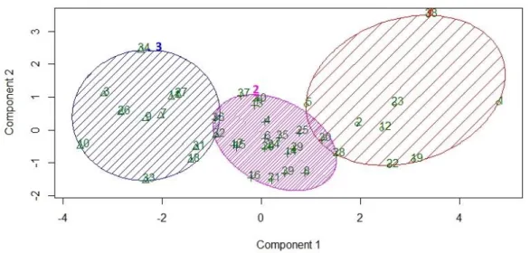 Figura  3.  Dispersão  gráfica  de  40  genótipos  de  café  arábica  cujos  grãos  foram  processados  via  úmida  (café  cereja  descascado), em relação aos dois primeiros componentes principais