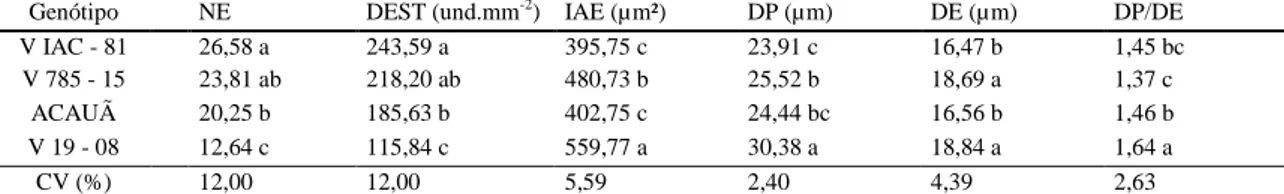 Tabela  1:  Médias  do  número  de  estômatos  (NE),  densidade  estomática  (DEST),  índice  de  área  estomática  (IAE),  diâmetro polar (DP), diâmetro equatorial (DE) e relação “DP/DE” da face abaxial de genótipos de cafeeiros Arábica