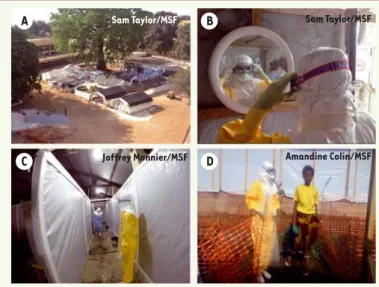 Figure 1. Centre d’isolement de Médecins sans frontières. A, B. La clinique Ebola  de Médecins sans frontières à Conakry, C