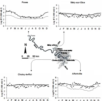 Fig. 6. Longitudinal variations in summer conditions of FC concen- concen-trations calculated by the FC-SENEQUE model for the year 2003 (bold line) and for the year 2012 (prospective scenario)(fine line) in the Seine river between the confluence of the Sei