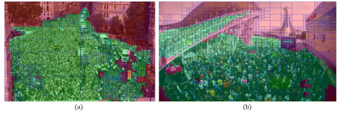 Figure 6: Quadtree and segmentation superimposed: one can see how the algorithm ap- ap-proximates the crowd area.