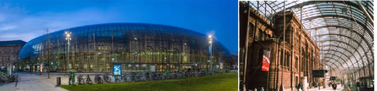 Fig. 27. Iliff, D. Strasbourg Railway Station at  dusk viewed from the Place de la Gare, showing  the new glass façade and the original building of  the Wilhelminian period