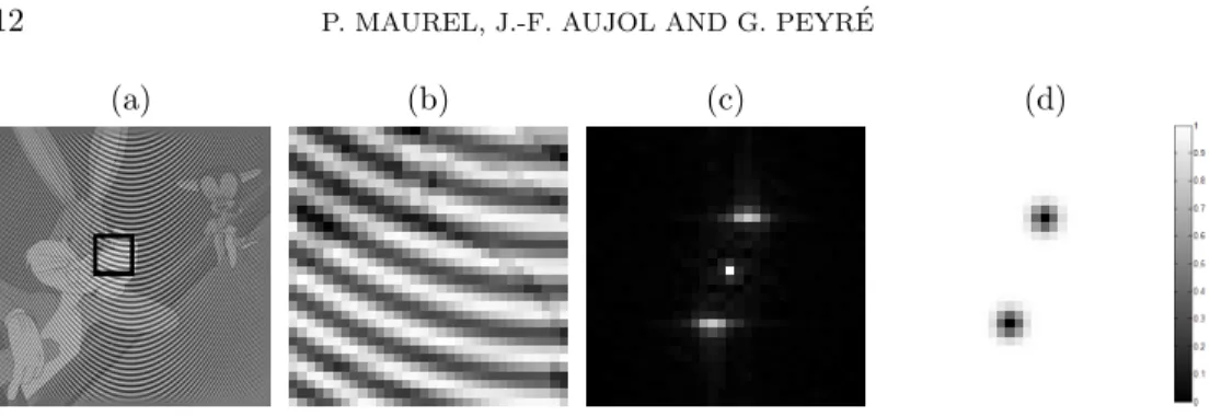 Fig. 4.1. Illustration of the orientation estimations: (a) the input image f , (b) the windowed image around some point x p , (c) the corresponding local Fourier transform `