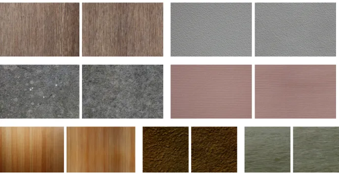 Figure 12: Examples of well-reproduced textures: RPN (right) associated with different input textures (left): wood, indoor wall, stone wall, wallpaper, pinewood, dirt, water