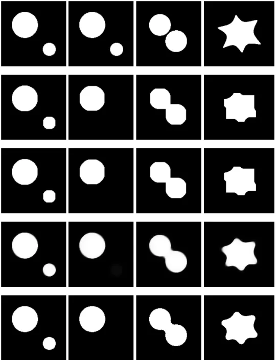 Fig. 6.1. From top to bottom. First row: original image. Second row: result obtained with Darbon-Sigelle’s algorithm (connectivity 4)