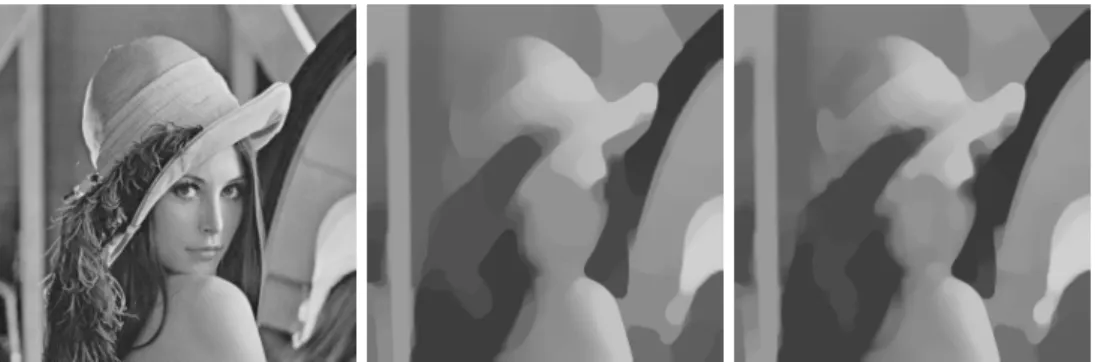 Fig. 6.3. Isotropy again. Left: original image. Middle: result of Darbon Sigelle’s algorithm using 8-connectivity (β = 4.6)