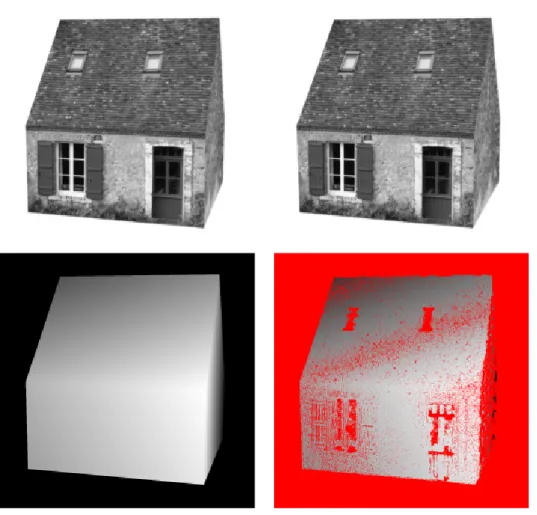 Fig. 5.3: Top: Two high precision simulated snapshots of a 3D scene. Bottom: ground truth and disparity map