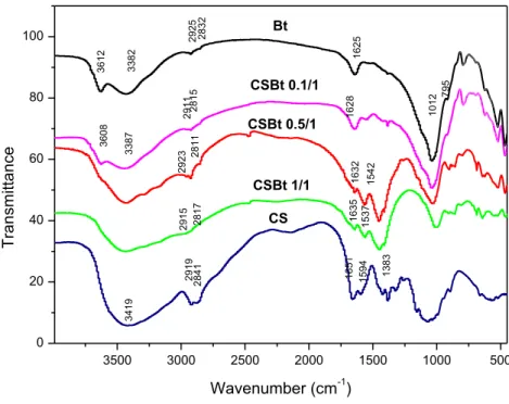 Fig. 3. FTIR spectra of Bt, CS and CSBt composites.