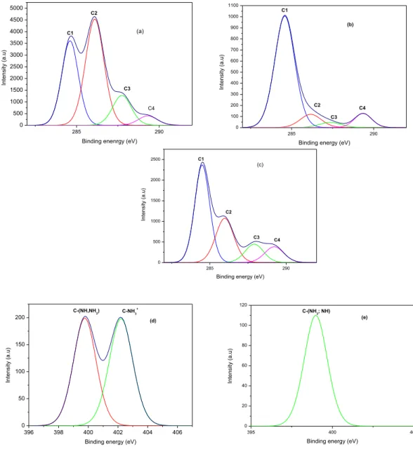 Fig. 6. C1s and N1s high resolution regions (XPS) of Bt, CS and CSBt (a: C1s of CS, b: C1s of Bt, c: C1s of 0.5/1 CSBt, d: N1s of CS and e: N1s of CSBt 0.5/1).