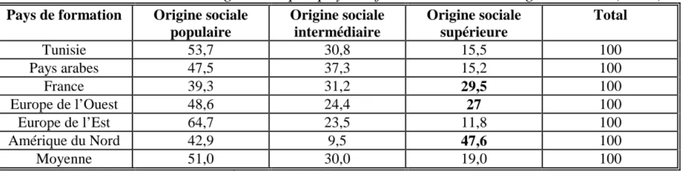 Tableau 12. Distribution des ingénieurs par pays de formation selon l’origine sociale (en %) 