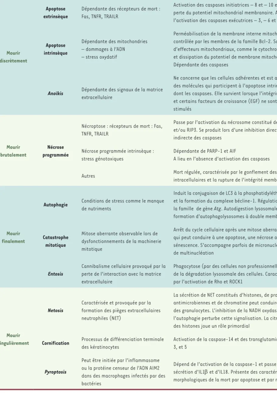 Tableau I. Classification et caractéristiques des différents types de mort cellulaire programmée présentés dans cette revue.