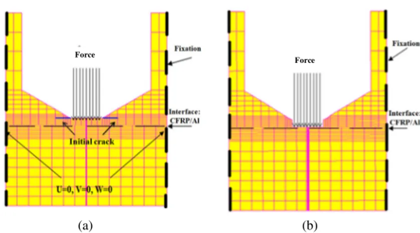 Fig. 9. Cross section of the 3D model showing the mesh and boundary conditions (a): model with one ply under the tool, (b): model with zero ply under the tool.