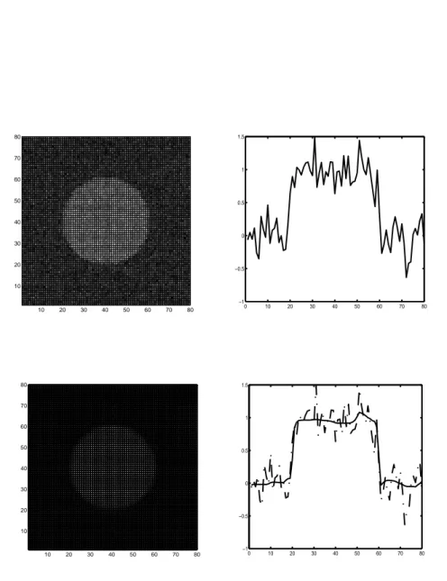 Figure 41. En haut à gauche, image bruitée (20%), à droite, vue d’une coupe. Figures du bas, après analyse euclidienne (EMSS - 6 voisins) pour dt=0.1 et 100 itérations.