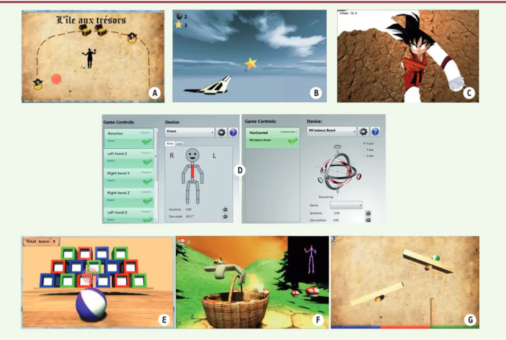 Figure 2. Autres exemples de jeux vidéo développés par le projet ICT4Rehab. A. Jeu du pirate : jeu destiné à la rééducation des membres supérieurs
