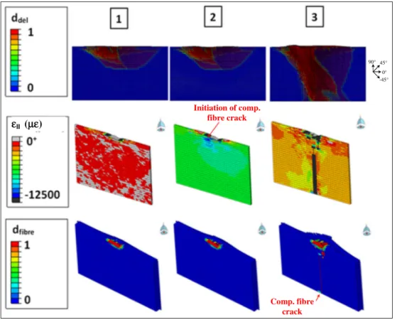 Fig. 12. Section in the (2, 3) plane just under impactor of stacking A impacted at 10 J.